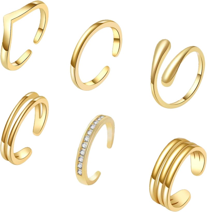 CHTRYTOM 6PCS Toe Rings for Women 18K Gold Silver Toe Ring Set Adjustable Non Tarnish Band Simple Beach Foot Jewelry for Summer - Image 1